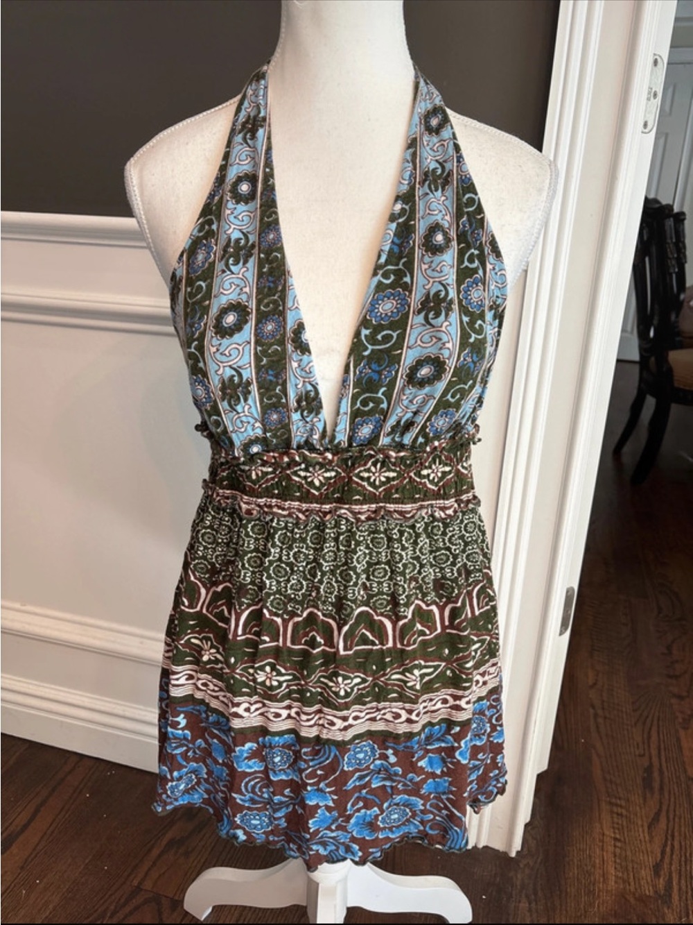 a'gaci  Low Cut Halter Mini Dress in Olive Green & Blue print Boho Festival
